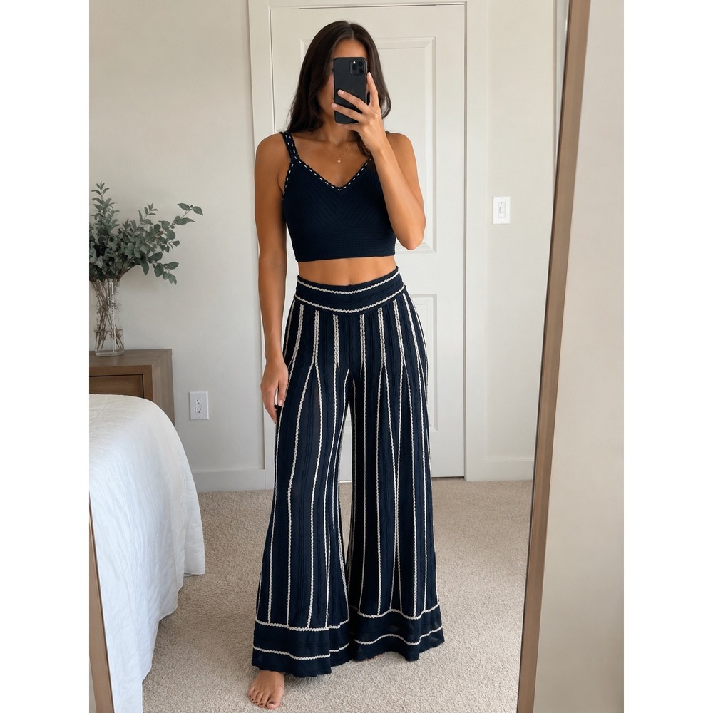 Le Lis Blanc Navy Blue White Striped Knit Two Piece Crop Top Wide Leg Pants Set
